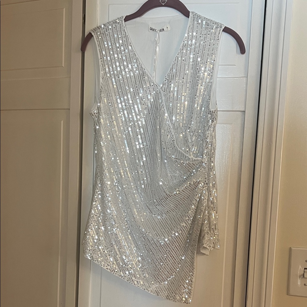 Grace Karin White Top with Silver Sequins